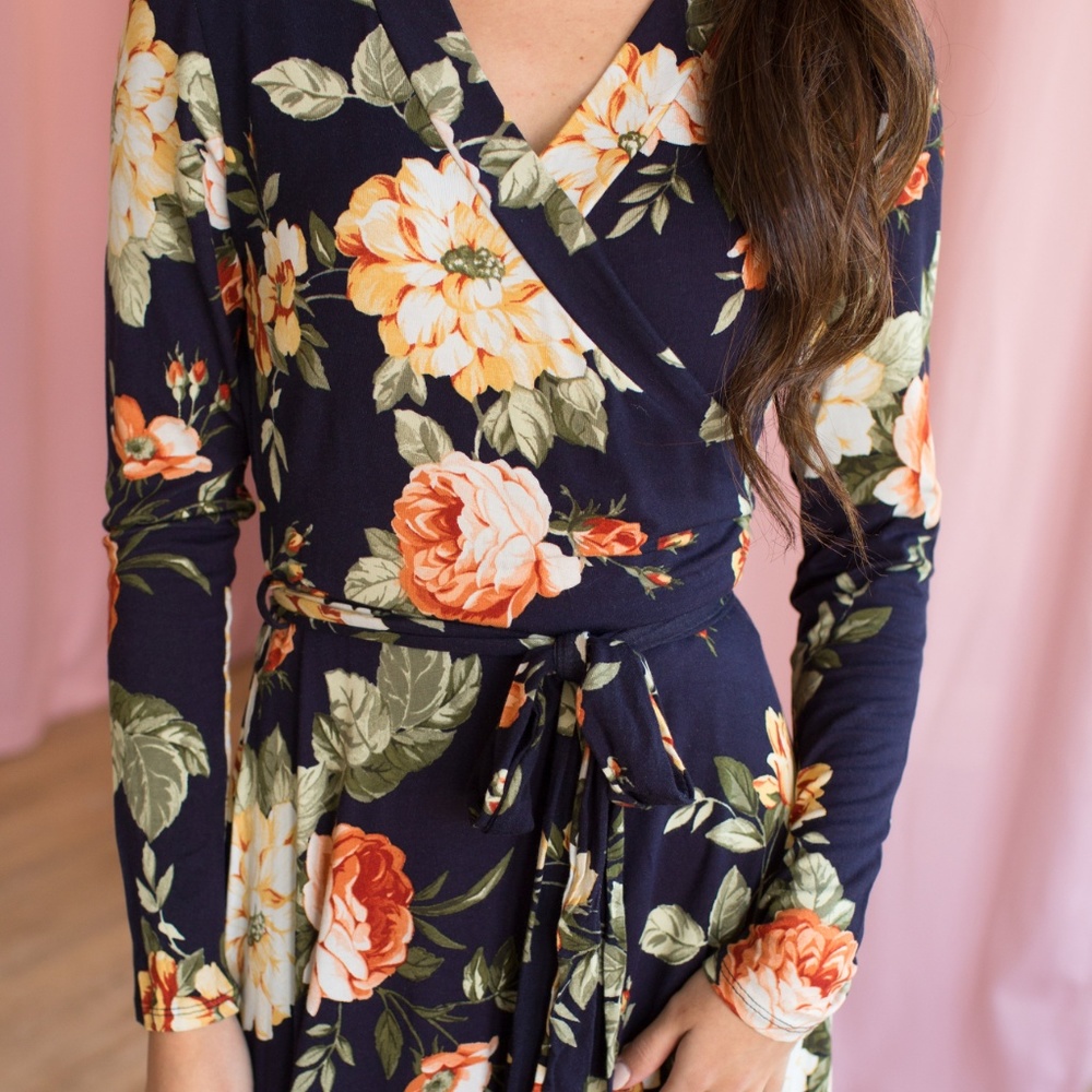 Faux Wrap Midi Dress - Navy/Yellow - Picture 2 of 3